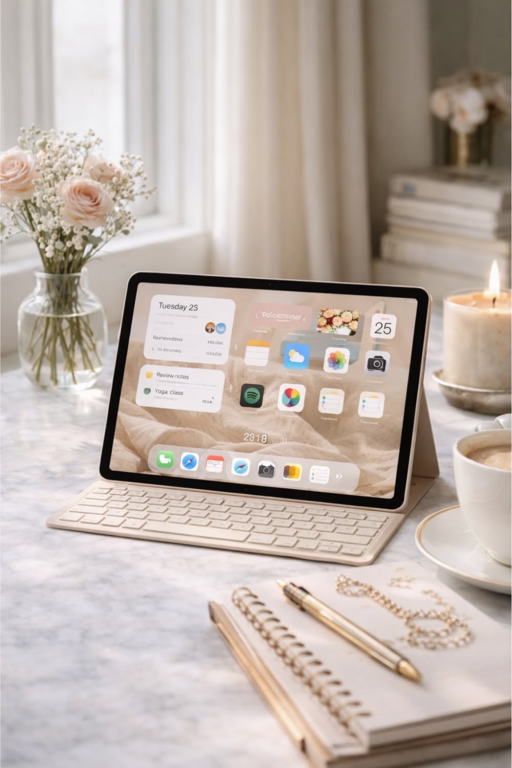 iPad com teclado sobre a mesa, ao lado de flores e uma xícara